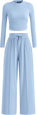 BTFBM Casual 2 Piece Sets For Women Fall Outfits 2026 Ribbed Spring Long Sleeve Crop Top Wide Leg Pants Matching Lounge Set