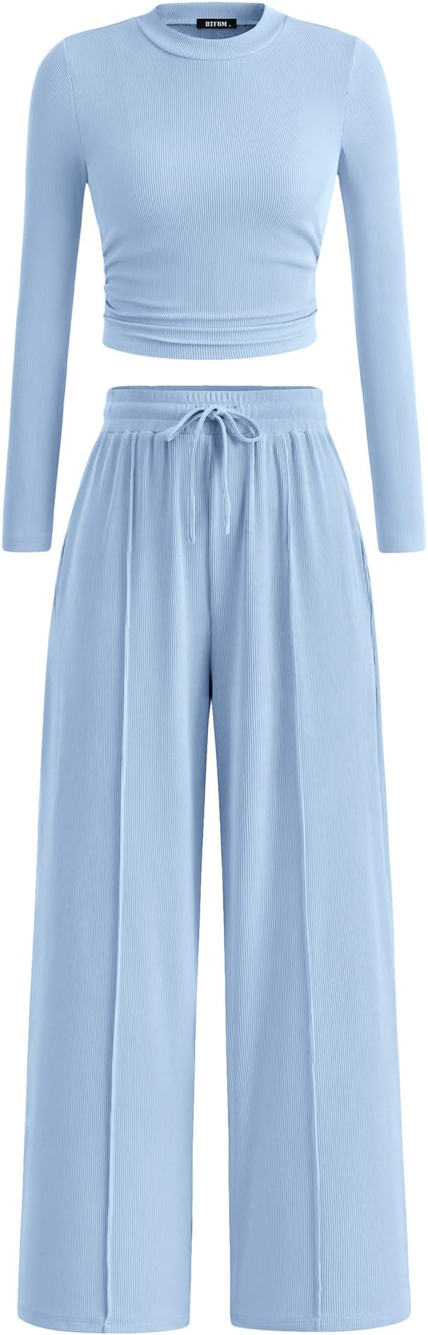 BTFBM Casual 2 Piece Sets For Women Fall Outfits 2026 Ribbed Spring Long Sleeve Crop Top Wide Leg Pants Matching Lounge Set