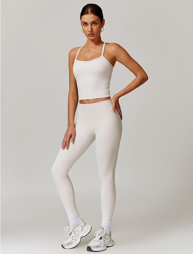 QBGJTD Womens Workout Sets Two Piece Cross Back Tank Top Matching High Waist Leggings Sets Gym Outfits Work Out Clothes