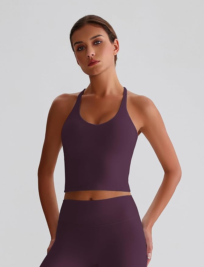 ABOCIW Womens Cross Back Workout Crop Tank with Built in Bra V Neck Longline Sports Bra Gym Shirt Yoga Pilates Top