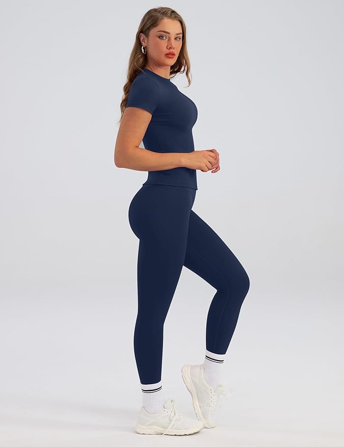 Relety Womens Two Piece Workout Sets Slim Fit Short Sleeve Shirt High Waist Leggings Yoga Outfits Matching Gym Set
