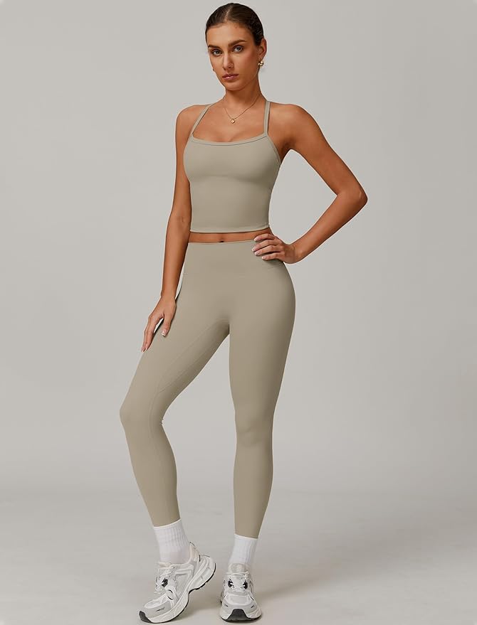 QBGJTD Womens Workout Sets Two Piece Cross Back Tank Top Matching High Waist Leggings Sets Gym Outfits Work Out Clothes
