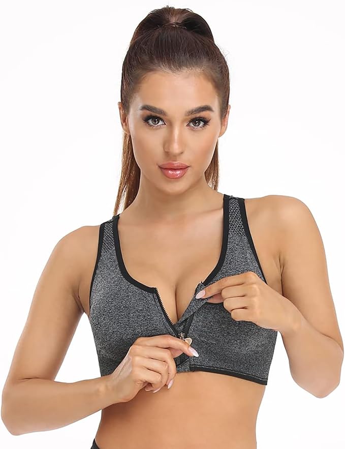 Women's Zip Front Sports Bra Wireless Post-Surgery Bra Active Yoga Sports Bras