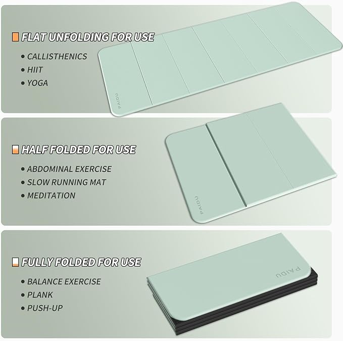 PAIDU Foldable Fitness Yoga Mat | 2/5" (10MM) Extra Thick | SGS Certified Non-Slip TPE | 75x26" Extra Long-Wide | Portable & Easy Store | for Yoga, Pilates, Home Gym & Full-Body Workouts