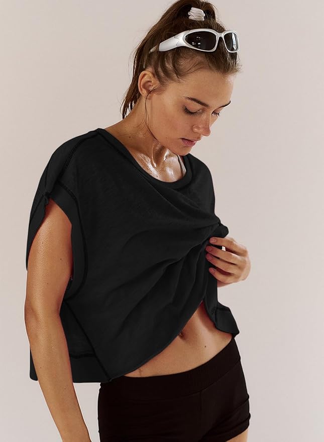 Kumufenc Women Short Sleeve Workout Shirts Open Back Tops Casual Yoga Y2k Athletic Gym Slouchy Crop Running Tees