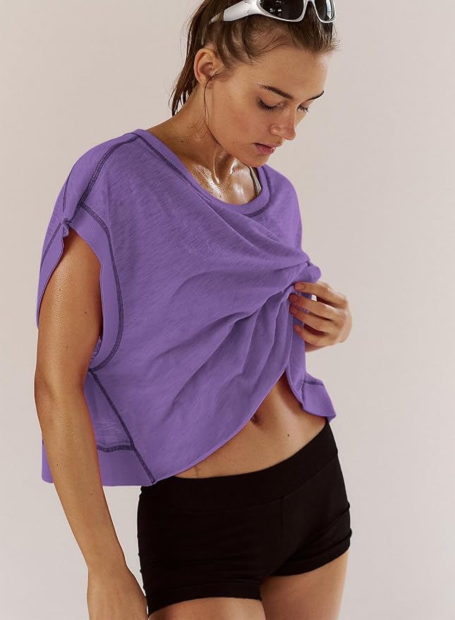 Kumufenc Women Short Sleeve Workout Shirts Open Back Tops Casual Yoga Y2k Athletic Gym Slouchy Crop Running Tees