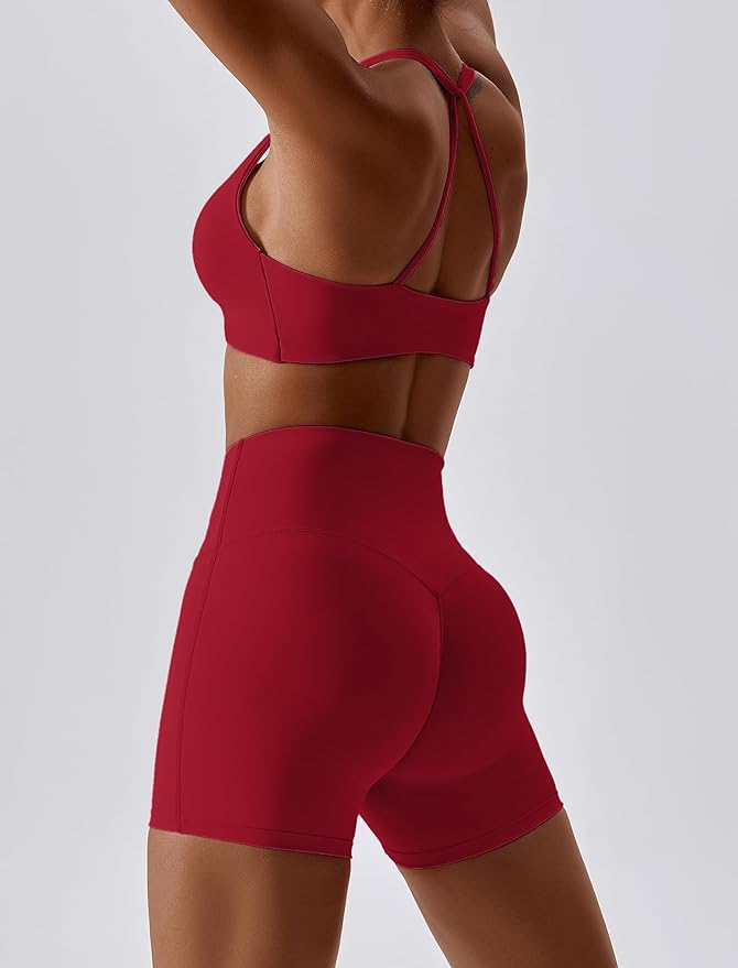 ABOCIW Workout Sets for Women 2 Piece Twist Front Halter Sports Bras High Waist Biker Shorts Exercise Gym Yoga Outfit