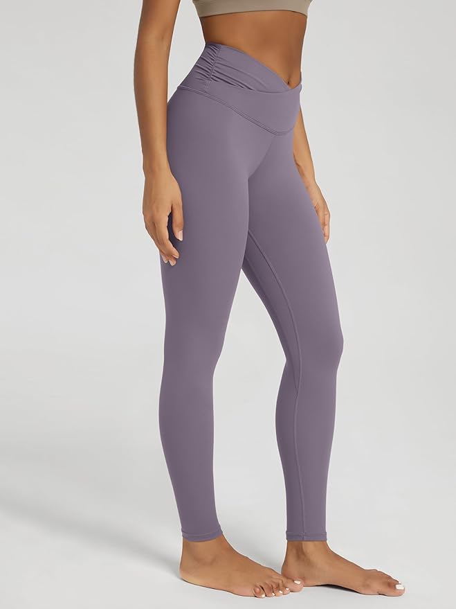 ODODOS Women's Cross Waist Yoga Leggings with Inner Pocket, 23"/25"/28" Gathered Crossover Workout Yoga Pants