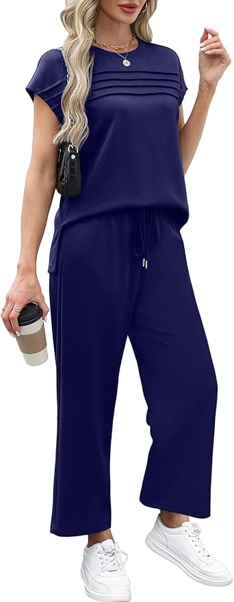 WIHOLL Two Piece Sets for Women Summer Spring Travel Vacation Outfits Cap Sleeve Lounge Matching Sets Wide Leg Pants S-3XL