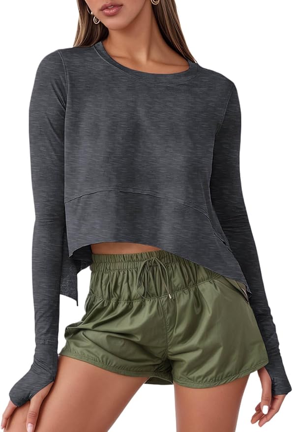 Aurgelmir Womens Long Sleeve Cropped Tops Loose Workout Athletic T-Shirts Flowy Sweatshirt for Yoga Tiered Hem Gym Tees