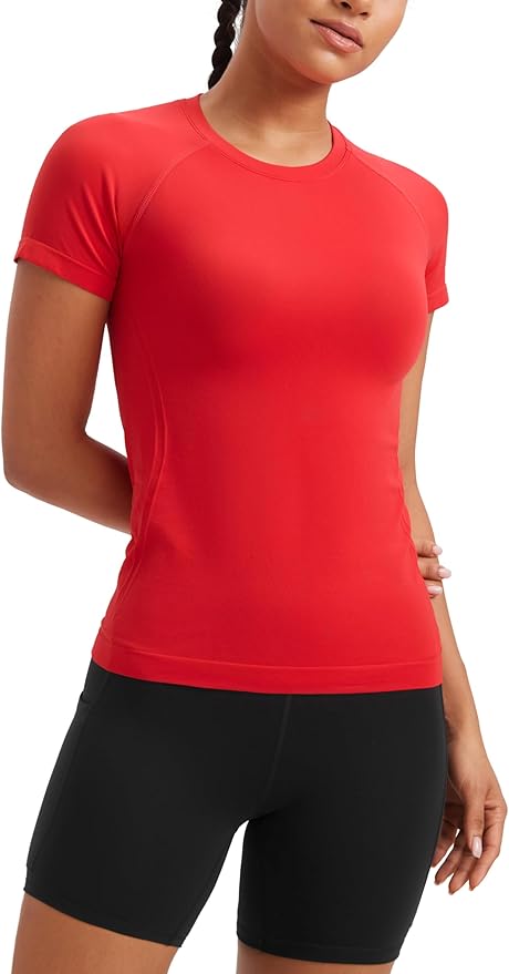 CRZ YOGA Seamless Workout Tops for Women Hip Length - Athletic Running Gym Yoga Short Sleeve Shirts Breathable Crewneck Tees