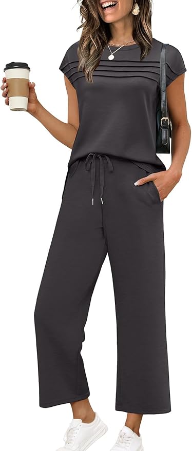 WIHOLL Two Piece Sets for Women Summer Spring Travel Vacation Outfits Cap Sleeve Lounge Matching Sets Wide Leg Pants S-3XL