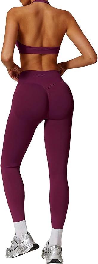 ABOCIW Workout Sets for Women Seamless Scunch Butt Lifting Impact Leggings Halter Sports Bra 2 Piece Gym Outfits
