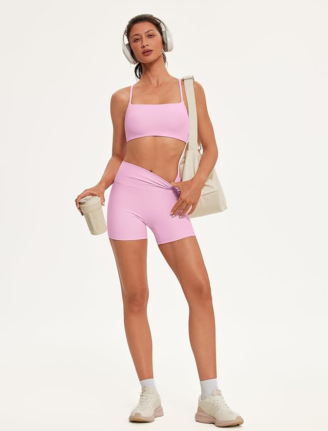 OMKAGI Workout Sets for Women Open Back Strappy Sports Bra Booty Biker Shorts Gym Outfits