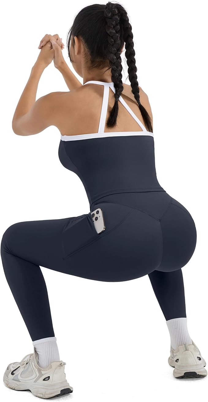 SUUKSESS Women 2 Piece Workout Sets Compression Tummy Control Leggings with Pockets Halter Built in Bra Tank Tops