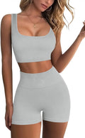 QINSEN Workout Sets for Women 2 Piece Seamless Ribbed Crop Tank High Waist Shorts Yoga Outfits