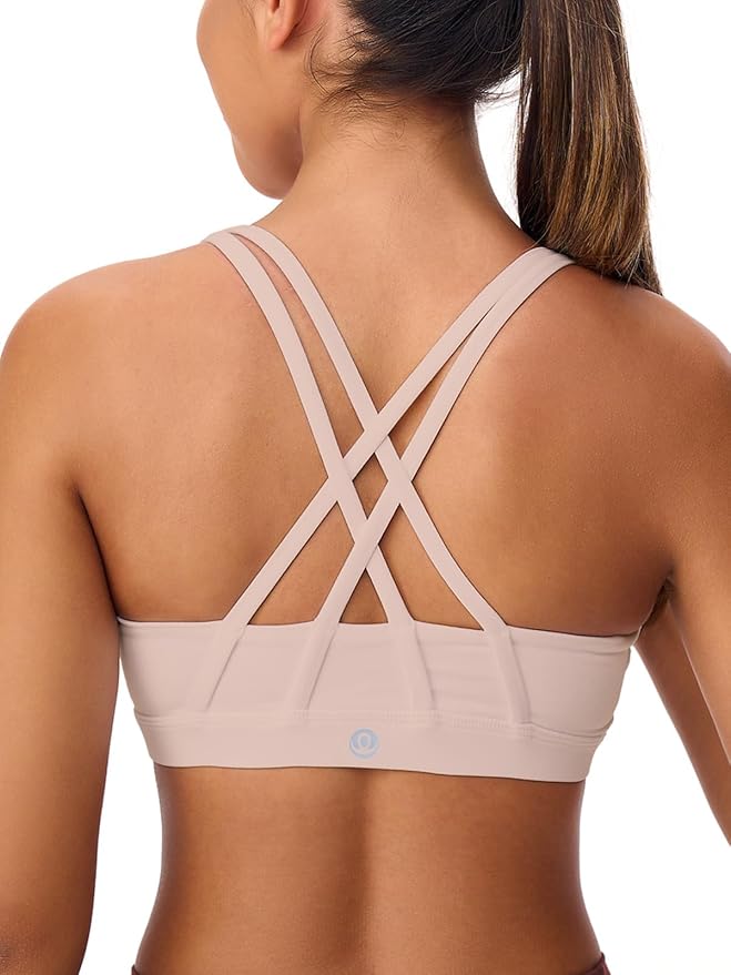 Women's Strappy Sports Bras Light Compression Crop Criss Cross Back Padded Workout Yoga Bra Supportive U Neckline