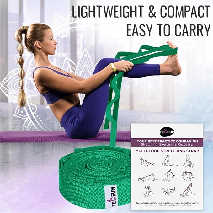 TECEUM Stretching Strap for Yoga & Physical Therapy – 10 Loops – Non-elastic Leg Stretch Straps for Stretching, Exercising, Pilates, Post-injury Rehabilitation for All Levels – Men & Women