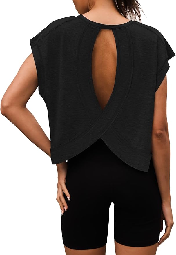 Women Open Back Workout Shirts Short Sleeve Tops Casual Yoga Y2k Athletic Gym Running Crop Tees