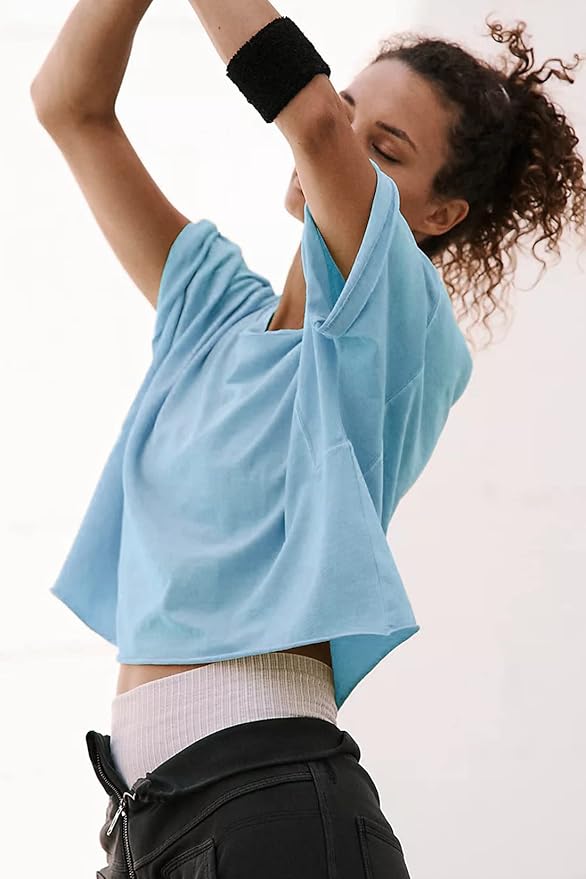 Women's Oversize Workout Crop Tops Casual Short Sleeve Drop Shoulder Boxy T-Shirts Roll Hem Basic Loose Yoga Running Tees