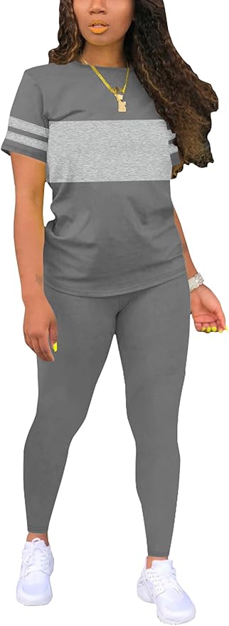Two Piece Sets for Women Summer Short Sleeve Striped Crewneck Slim Fit Active Casual Sweatsuits
