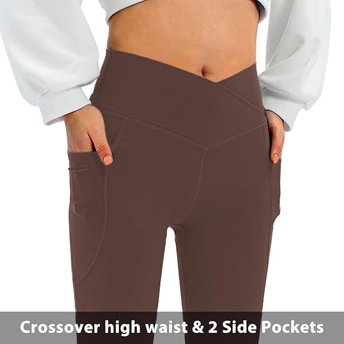 DLOODA Women's Flare Leggings with Pockets Crossover High Waisted Bootcut Yoga Pants Tummy Control Bell Bottom Leggings