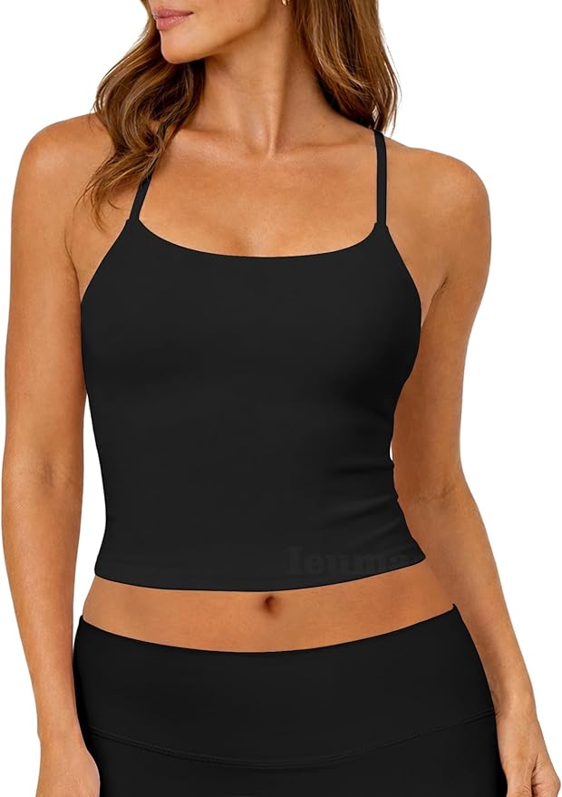 Ieumaz Strappy Crop Top for Women Scoop Neck Longline Gym Workout Sports Bras Built in Removable Pads Yoga Camisole Tank Top