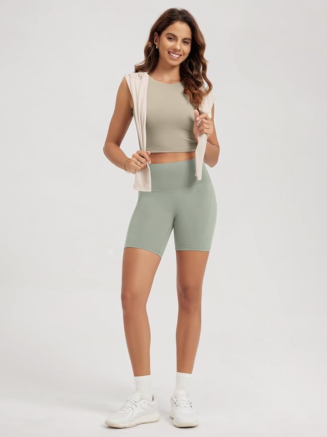 ODODOS Double Layer High Neck Crop Tank for Women Cloud Feeling Sleeveless Casual Yoga Cropped Tops