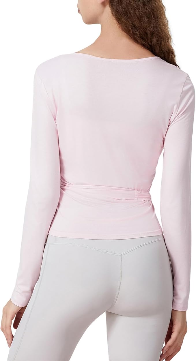 Women Wrap Top Long Sleeve Deep V Neck Cross Tie Workout Ballet Pilates Yoga Shirt