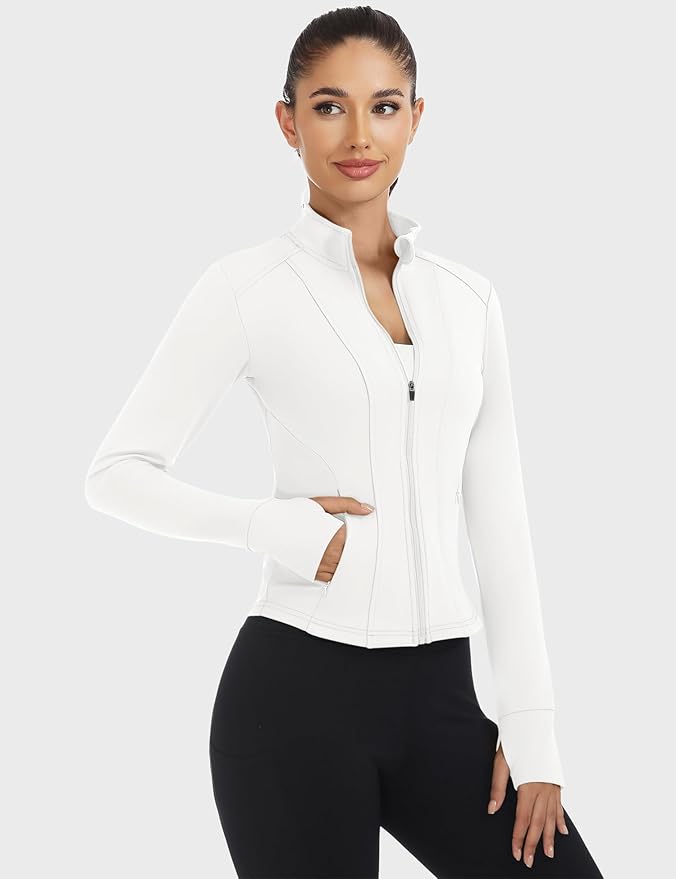 Loovoo Women's Workout Jacket Lightweight Zip Up Athletic Jackets Cropped Slim Fit Running Yoga Tops with Pockets
