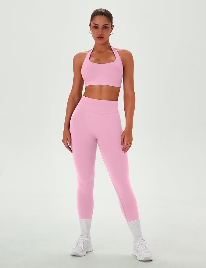 TDIFFUN Women Workout Sets 2 Piece Seamless Scrunch Butt Leggings Padded Halter Sports Bra Matching Set Gym Yoga Outfits