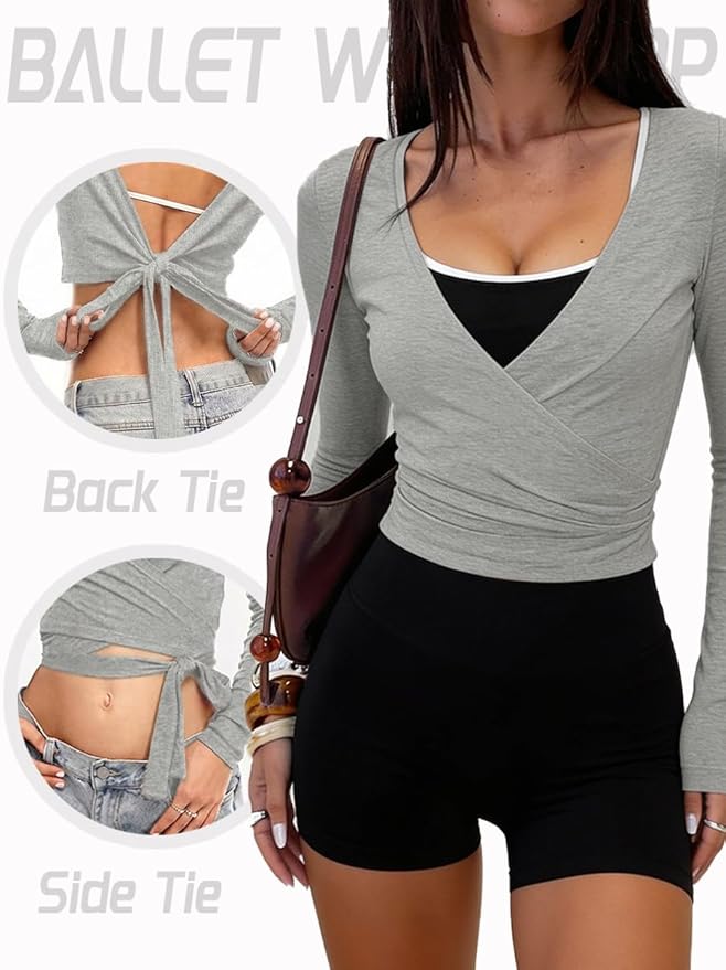 Danysu Ballet Wrap Tops Long Sleeve Cross Tie Crop Shirts Deep V-Neck Dance Clothes Fall Cardigans
