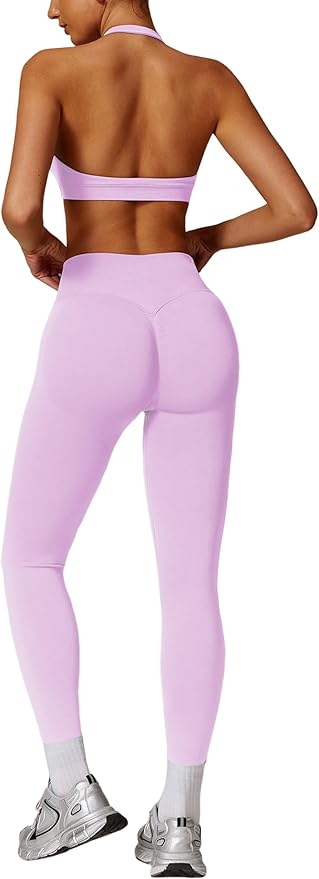 ABOCIW Workout Sets for Women Seamless Scunch Butt Lifting Impact Leggings Halter Sports Bra 2 Piece Gym Outfits