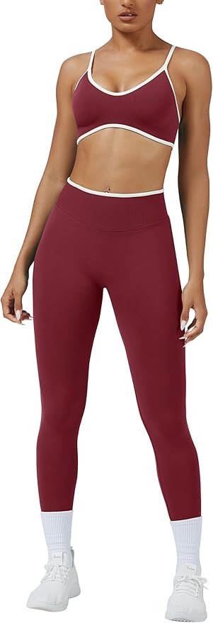 ABOCIW Womens 2 Piece Workout Sets Seamless Color Block Sports Bra Scrunch Butt Lifting High Waist Leggings Gym Set