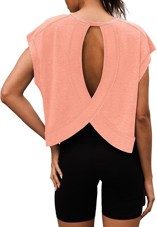 Women Open Back Workout Shirts Short Sleeve Tops Casual Yoga Y2k Athletic Gym Running Crop Tees