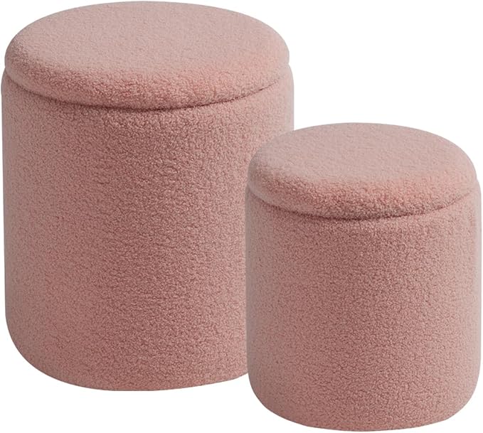 BLEXA Round Ottoman with Storage Set of 2 - Upholstered Sherpa Vanity Stool for Makeup Multifunctional Ottomans Coffee Table Padded Seat Foot Rest for Living Room & Bedroom (Sherpa Pink)