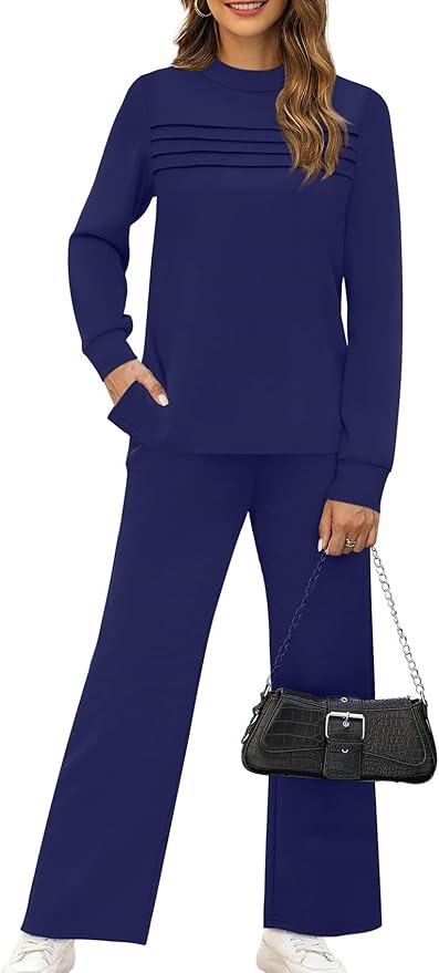 WIHOLL Two Piece Sets for Women Spring Travel Vacation Outfits 2026 Long Sleeve Lounge Sets Side Slit Wide Leg Pants S-3XL