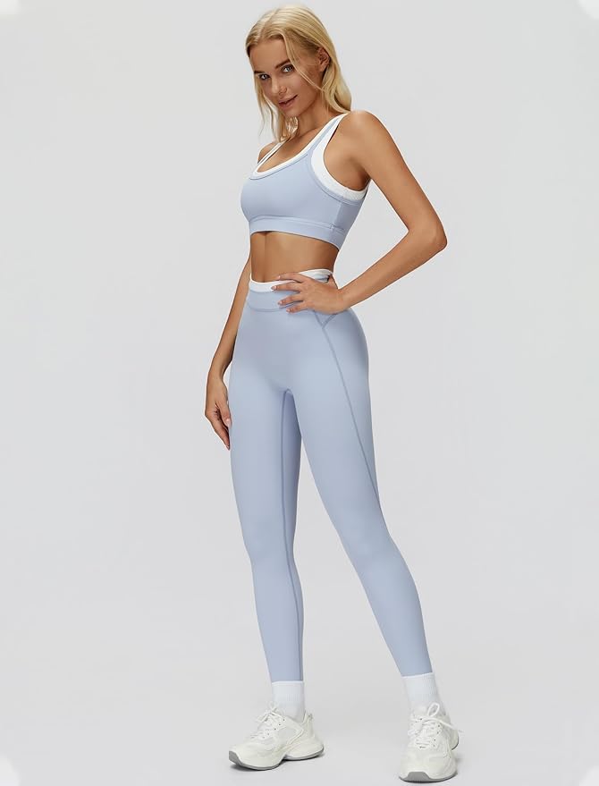 Women 2 Piece Workout U Back Color Block Sports Bra High Waist Active Leggings Yoga Pilates Outfits