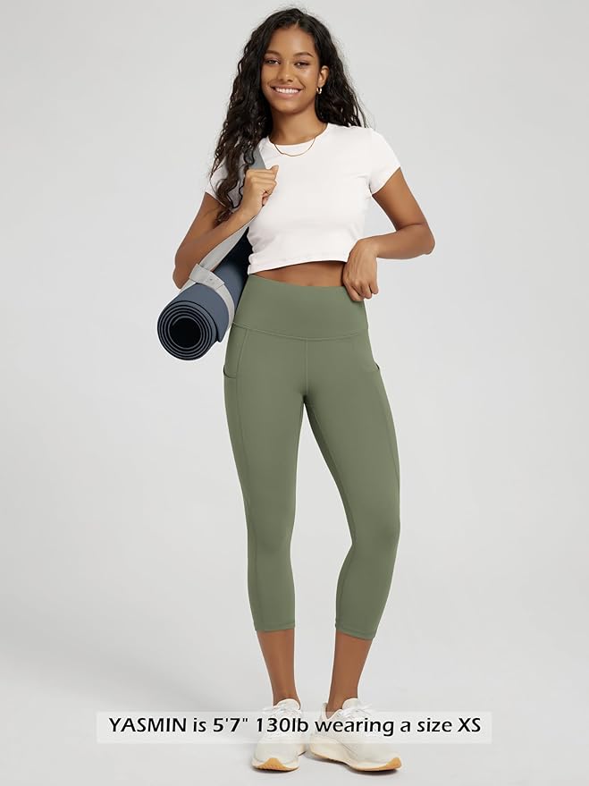 ODODOS Women's High Waisted Yoga Capris with Pockets, Tummy Control Non See Through Workout Athletic Running Capri Leggings