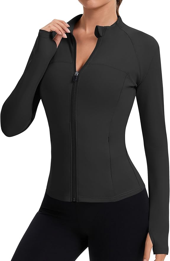 Rapbin Women's Full Zip Workout jackets Runing Slim Fit Athletic Tops With Thumb Holes