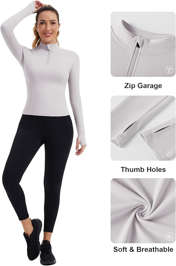 ZHENWEI Womens Workout Tops Long Sleeve Quarter Zip Pullover Quick Dry Golf Shirt Athletic Slim Fit Crop Yoga Gym Tops
