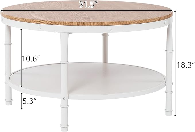 VINGLI 31.5" Natural White Round Farmhouse Coffee Table, 2-Tier Storage Wood Center Circle Accent Table for Living Room, Bedroom, Apartment, Studio and Small Spaces, Sturdy Metal Frame, Natural Color