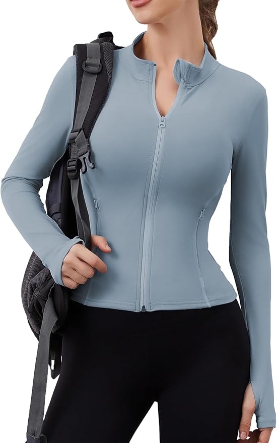 Women Built-In Pockets Athletic Jackets Slim Fit Full Zip up Workout Yoga Gym Jacket with Thumb Holes