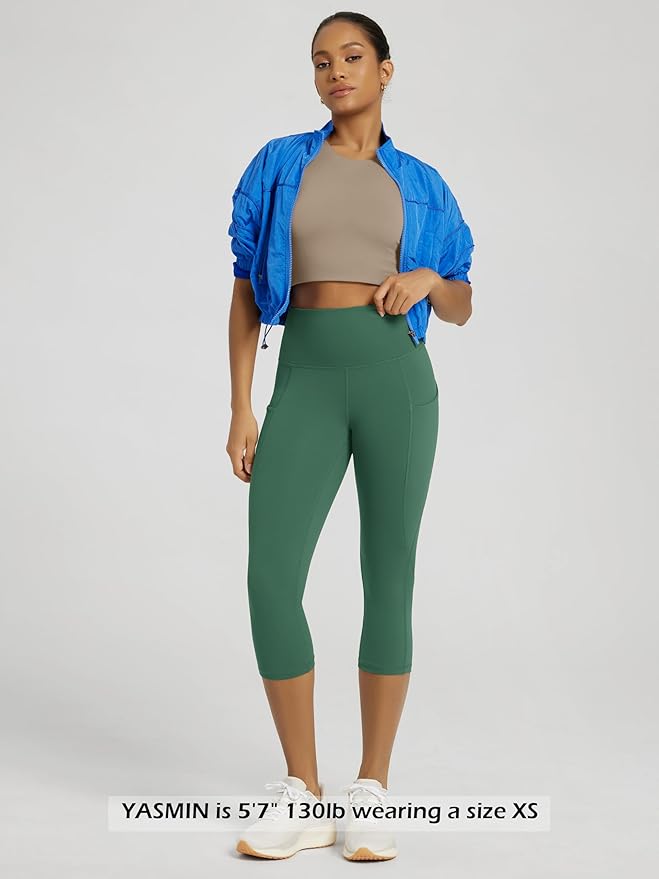 ODODOS Women's High Waisted Yoga Capris with Pockets, Tummy Control Non See Through Workout Athletic Running Capri Leggings