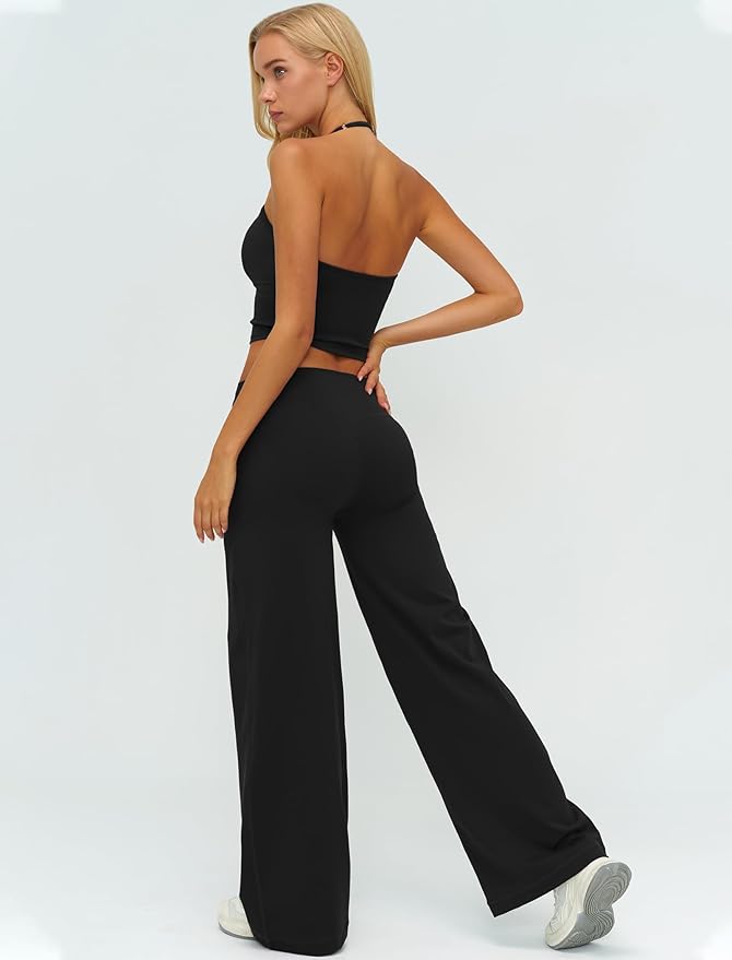 QBGJTD Womens Workout Sets Two Piece Spaghetti Straps Crop Top Matching Straight Leg Pants Gym Work Pilates Outfits