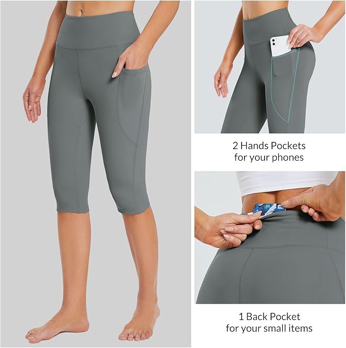 baleaf Women's Capri Leggings with Pockets High Waisted Knee Length Capris Stretch for Casual Yoga Pants Workout Exercise