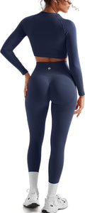 SUUKSESS Women 2 Piece Workout Sets Hidden Scrunch Hip Lifting Seamless Leggings Long Sleeve Yoga Crop Tops