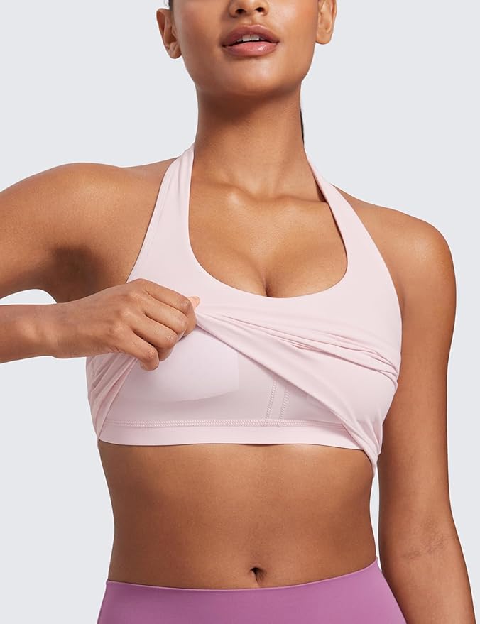 CRZ YOGA Butterluxe Halter Crop Tank Tops for Women - Open Back Padded Longline Sports Bras Workout Gym