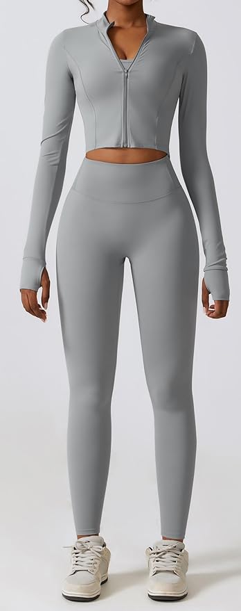 Yknktstc Womens Full Zip Athletic Jacket with Thumbhole Long Sleeve Crop Top Running Workout Yoga Sportswear Shirt