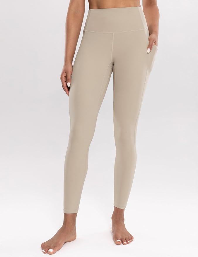 ENERBLOOM Workout Leggings with Pockets for Women High Waist Yoga Pants 25"/28" Cream Soft Lightweight Athletic Gym Tights